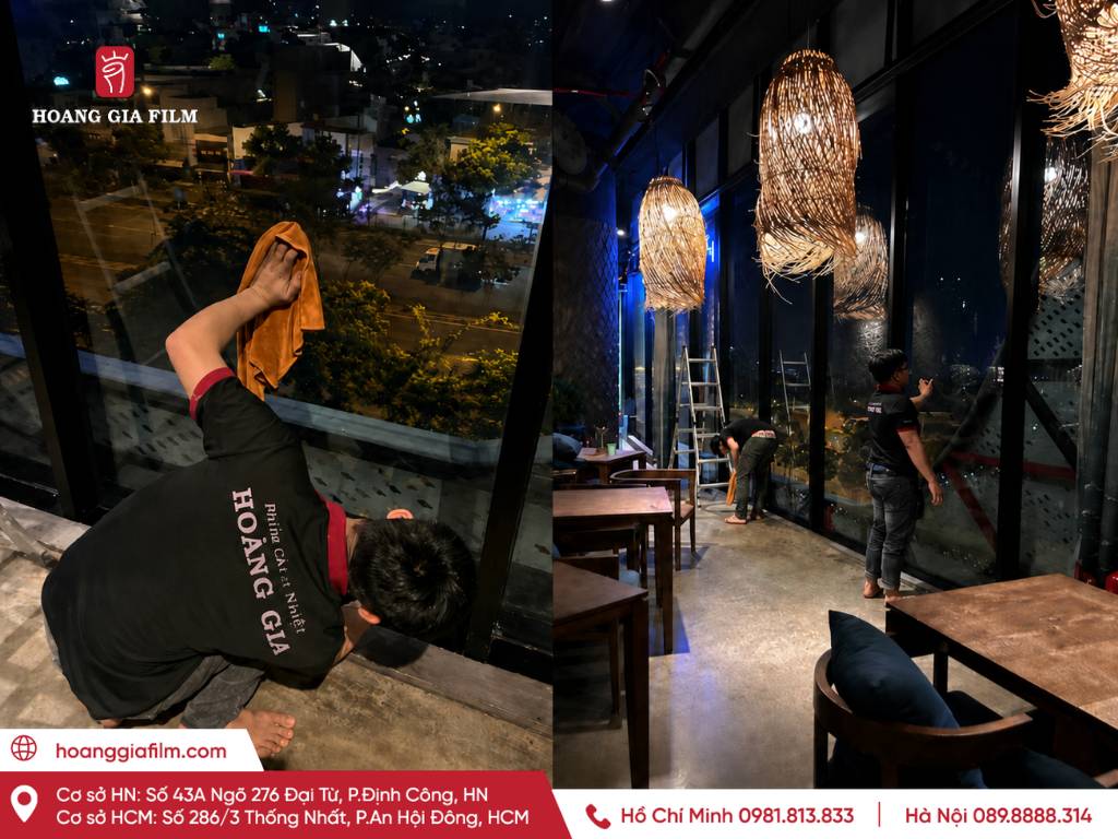 Thi công dán phim PNC70 tại cửa hàng pizza Thủ Đức