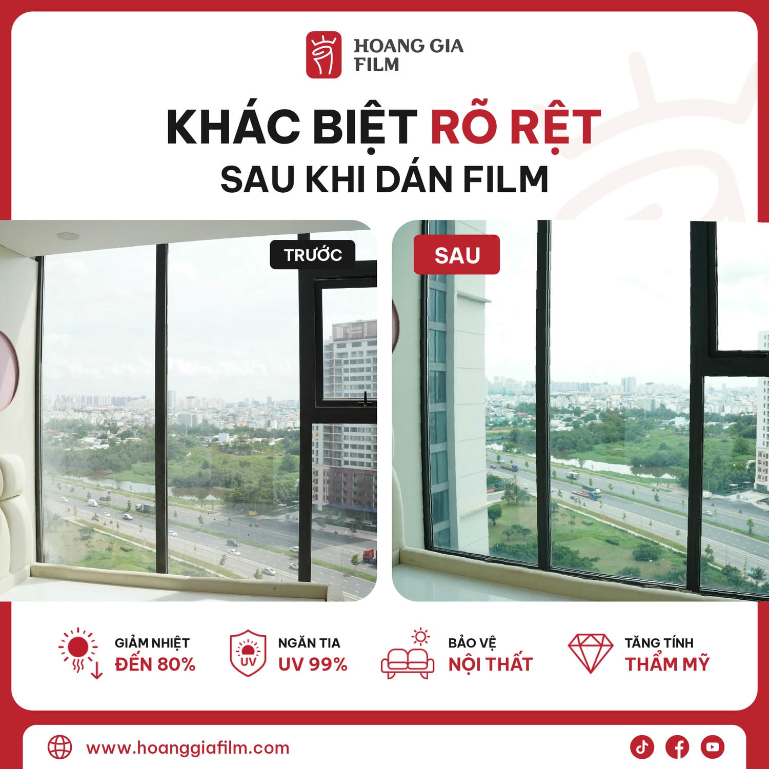Trước sau khi dán phim cách nhiệt trong suốt cho căn hộ
